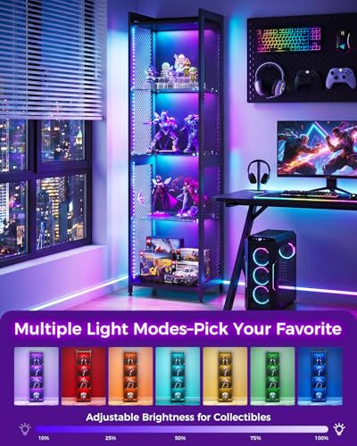 AODK Display Case with LED Lights, Display Cabinet with Open Glass Shelves for Small Space, 4-Tier Corner Display Shelf with Industrial Mesh, Curio Cabinet for Collectibles, Bookcase - size: 63 Inch