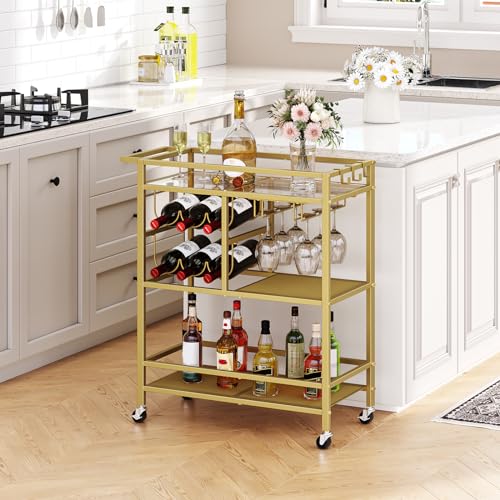 MAHANCRIS Bar Cart for Home, 3-Tier Serving Cart with Wheels and Handle, Beverage Cart with Wine Rack and Glass Holders, Rolling Wine Cart for Kitchen, Dining Room, Gold RCJ61B01 - size: 24.8''L x 11''W x 32''H