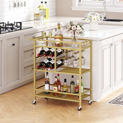 MAHANCRIS Bar Cart for Home, 3-Tier Serving Cart with Wheels and Handle, Beverage Cart with Wine Rack and Glass Holders, Rolling Wine Cart for Kitchen, Dining Room, Gold RCJ61B01 - size: 24.8''L x 11''W x 32''H