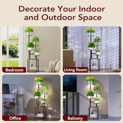 Homsorout Round Plant Stand Indoor with Grow Light, 5-Tiered Tall Plant Stand Indoor, Metal Plant Shelf with Adjustable Light, Ideal for Living Room, Garden, Patio (Black Brown)