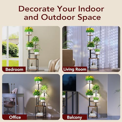Homsorout Round Plant Stand Indoor with Grow Light, 5-Tiered Tall Plant Stand Indoor, Metal Plant Shelf with Adjustable Light, Ideal for Living Room, Garden, Patio (Black Brown)