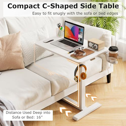 Tangkula Mobile Standing Desk, Pneumatic Height Adjustable Rolling Desk with Cup Holder & Headphone Hook, Overbed Table with Hidden Wheels, Laptop Computer Cart for Couch, Home, Office (White) - color: White