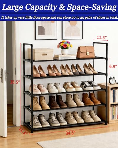 Large Capacity Space-Saving Shoe Rack, 5-Tier Detachable Shoe Storage Organizer Holds 20-25 Pairs, Waterproof Non Woven Fabric Corner Rack for Entryway, Closet, Hallway, Garage - size: 5-Black(34.5W")