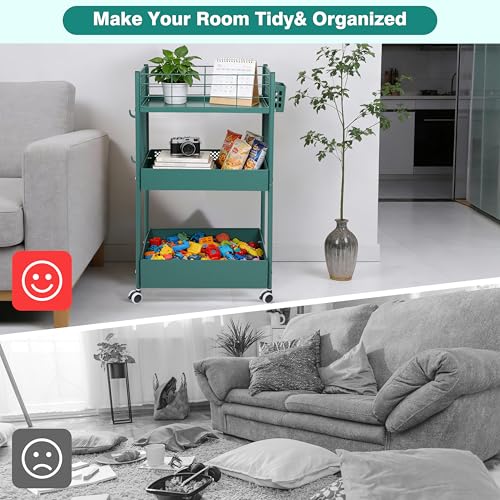 3 Tier Rolling Storage Cart Metal Utility Cart with Wheels | Office Organizer with Hooks & Hanging Cups, Mobile Shelving Unit for Kitchen Nursery Craft Snack Book - color: Emerald Green