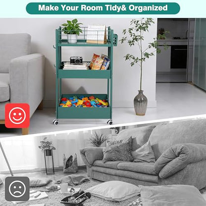 3 Tier Rolling Storage Cart Metal Utility Cart with Wheels | Office Organizer with Hooks & Hanging Cups, Mobile Shelving Unit for Kitchen Nursery Craft Snack Book - color: Emerald Green