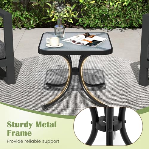 Giantex Small Outdoor Side Table with Tempered Glass Top, Heavy-Duty Metal Frame, 110 Lbs Capacity, Square Patio Table for Balcony, Porch, Backyard, Deck, Black
