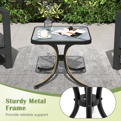 Giantex Small Outdoor Side Table with Tempered Glass Top, Heavy-Duty Metal Frame, 110 Lbs Capacity, Square Patio Table for Balcony, Porch, Backyard, Deck, Black