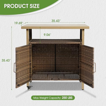 HOMEFUN Outdoor Bar Table with Storage Cabinet Patio Serving Carts on Wheels Wicker Grill Cart Prep Station Rolling Kitchen Island for Outside Backyard and Patio, Brown - color: 03-beige