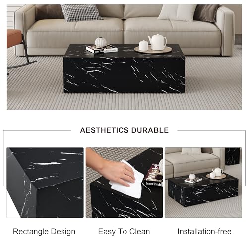 39" Rectangular Compact Coffee Table,Small Cube End Table,Modern Side Table with Stylish Faux Marble Pattern,Minimalist Accent Table for Living Room,Office,Apartment,Nightstand(Black,39") - color: Black,39.9"