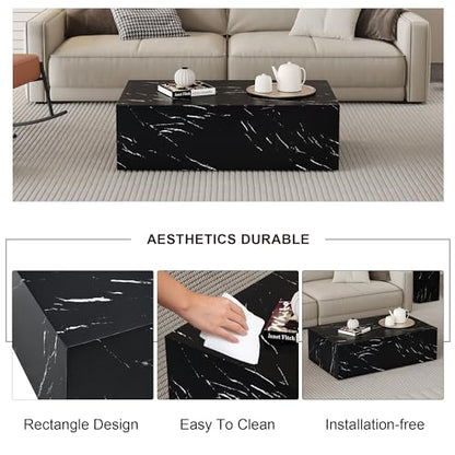 39" Rectangular Compact Coffee Table,Small Cube End Table,Modern Side Table with Stylish Faux Marble Pattern,Minimalist Accent Table for Living Room,Office,Apartment,Nightstand(Black,39") - color: Black,39.9"