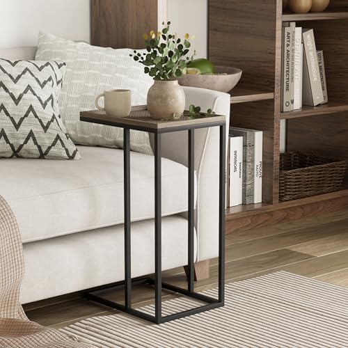 Farmhouse C Shaped End Table with Distressed Wood & Metal Woven Tray Top, Modern Slim Snack Side Table with Metal Base, Black - color: Black, style: Metal Woven