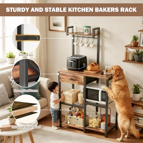 Kitchen Bakers Rack with Drawer,6 Tier Microwave Stand with Hooks | Adjustable Coffee Bar Station,Free Standing Bakers Rack with Storage,Kitchen Appliance Storage Shelf for Spices,Pots