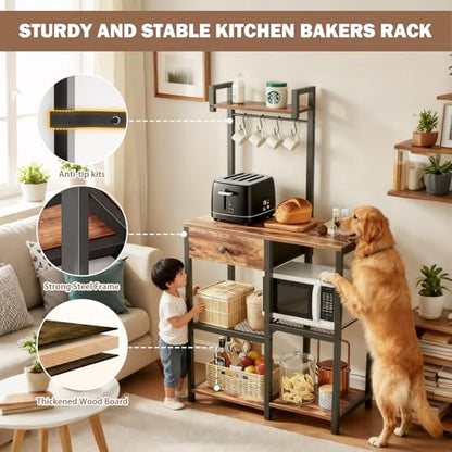 Kitchen Bakers Rack with Drawer,6 Tier Microwave Stand with Hooks | Adjustable Coffee Bar Station,Free Standing Bakers Rack with Storage,Kitchen Appliance Storage Shelf for Spices,Pots