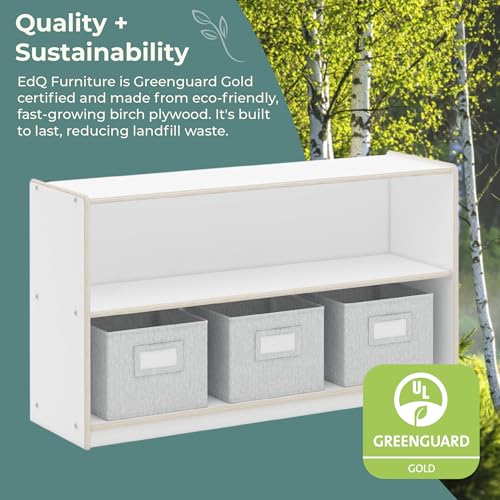 Guidecraft EdQ Two Shelf Open Storage 24'' White with 3 Fabric Bins: Wooden Organizer Cabinet for School and Home, Teacher's Book Cubby and Toy Shelf - color: White