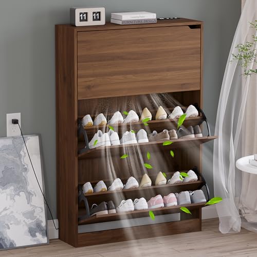 BORNOON Shoe Cabinet with Odor Control and Back Panels, Deodorizing Slim 3-Flip Shoe Storage Cabinet for Entryway, Freestanding Hidden Shoe Rack Organizer for Entrance, Hallway, Bedroom - color: Walnut, size: 3 Drawers-Deodorizing