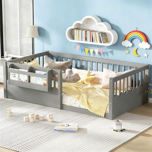 Bellemave Twin Size Kids Floor Bed with Heightened Fence and Bookshelf, Wooden Twin Montessori Bed Frame for Girls Boys, Grey - color: Grey Shelf, size: Twin