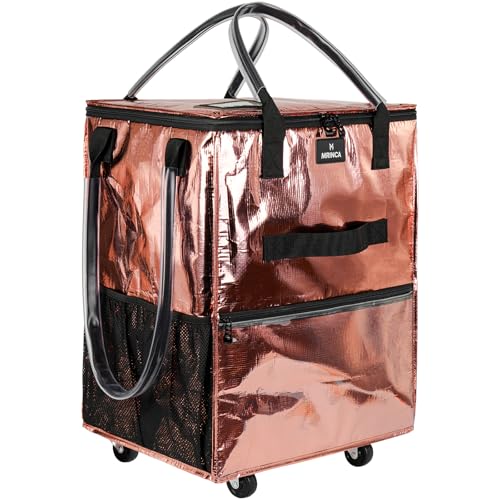 Reusable Grocery Bag On Wheels, 70L Foldable Rolling Tote with 6 Pockets | 3-Way Carry, Heavy Duty Handle, Zippered Top for Grocery, Laundry, Storage, Collapsible Shopping Trolley, Medium, Rose Gold - color: Rose Gold, size: Medium