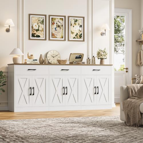 HOSTACK 71"W Farmhouse Kitchen Sideboard Buffet Cabinet with Storage, White | Large Coffee Bar Cabinet with 3 Wide Drawers, Long Buffet Table with Shelves, Kitchen Storage Cabinet for Dining Room - color: White