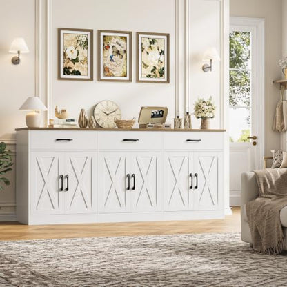 HOSTACK 71"W Farmhouse Kitchen Sideboard Buffet Cabinet with Storage, White | Large Coffee Bar Cabinet with 3 Wide Drawers, Long Buffet Table with Shelves, Kitchen Storage Cabinet for Dining Room - color: White