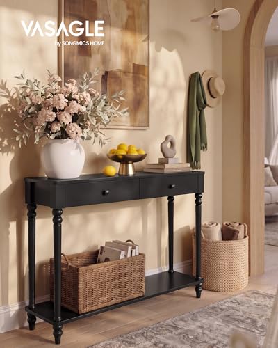 VASAGLE Mariel Collection - Console Table, Narrow Entryway Sofa Table with Drawers and Shelf, Solid Wood Legs, Mid-Century Modern, for Hallway Doorway Living Room, Ink Black ULNT139B101S - color: Ink Black