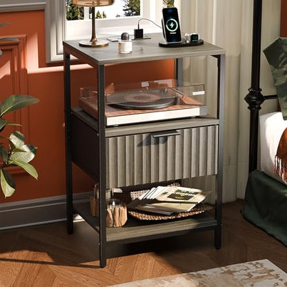 VINGLI Nightstands Set of 2 with Charging Station and Fabric Drawer, Fluted Grey Night Stand Set of 2, Gray Nightstand with Drawer, Bed side Tables/End Tables for Bedroom,14.96"W*11.81"D*23.7"H, 2 pcs - color: Grey, size: 15"W-1 Drawer 2 Shelf