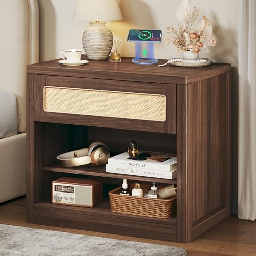 Rattan Nightstand, Night Stand with Wireless Charging, Mid Century Modern Bedside Table with Drawer & Open Shelf, Curved Profile Design, End Side Table with Storage for Bedroom, Walnut - color: Walnut