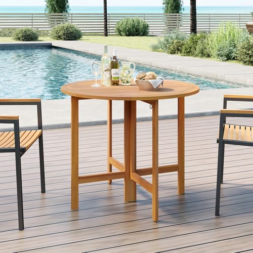 Tangkula 36 Inches Outdoor Folding Round Dining Table, No Assembly Patio Acacia Wood Bistro Table with Slatted Tabletop, 4-Person Outside Dining Furniture for Backyard, Porch, Balcony - size: 36"