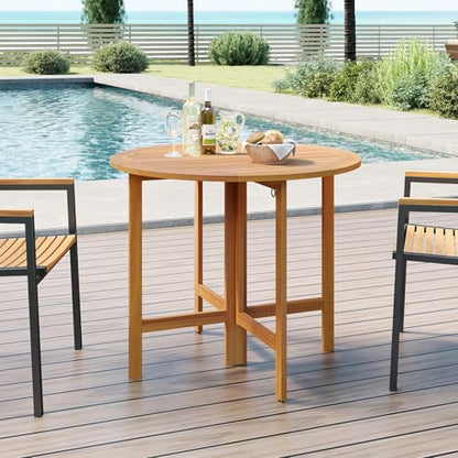 Tangkula 36 Inches Outdoor Folding Round Dining Table, No Assembly Patio Acacia Wood Bistro Table with Slatted Tabletop, 4-Person Outside Dining Furniture for Backyard, Porch, Balcony - size: 36"
