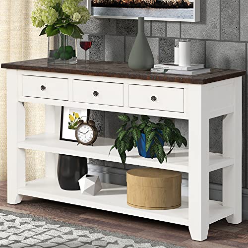 LKTART 48.8" Solid Wood Console Table for Entryway;Sofa Table with Drawers | 48.8" Antique White Real Wood Farmhouse Console Table with Storage and Shelf,Entryway Table for Entry Hallway,Easy Assembled - color: Antique White