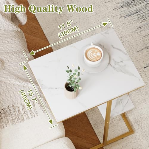 C Shaped End Side Table, Couch Sofa Table for Bed, Gold Snack Table with Metal Frame, TV Tray Table for Small Space, Living Room, Bedroom, Bedside(White Marble) - color: White Marble+gold