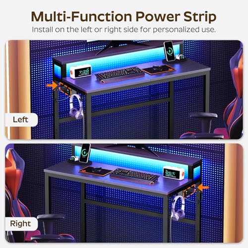 YATINEY Small Computer Desk with Charging Station and LED Lights, Gaming Desk with Monitor Stand, 2-Tier Home Office Desk with 4 Side Hooks, for Living Room, Home Office, Black DN01UDBBY2 - color: Black