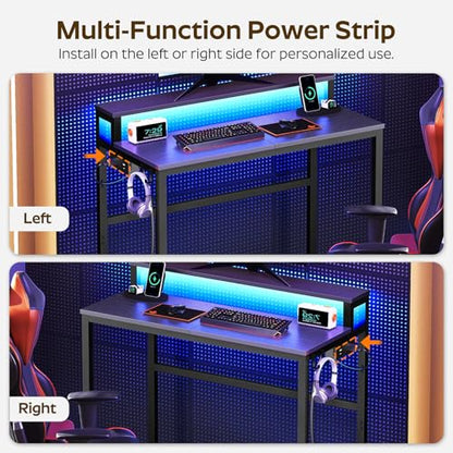 YATINEY Small Computer Desk with Charging Station and LED Lights, Gaming Desk with Monitor Stand, 2-Tier Home Office Desk with 4 Side Hooks, for Living Room, Home Office, Black DN01UDBBY2 - color: Black