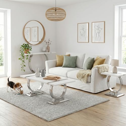 Asday 23.6" White and Silver End Tables Set of 2, Modern Side Tables with Glossy Wooden Top and Stainless Steel U-Shaped Base, Accent Tables for Living Room, Bedroom, Lounge - color: White and Silver, size: Set of 2