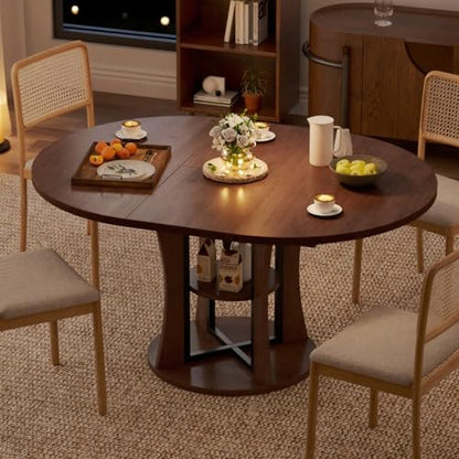 Extendable Round Dining Table for 4-6-8, 43.3-59in Expandable Kitchen Table with Storage Shelf, Space Saving Circle Oval Dining Table with Leaf for Kitchen, Dining Room, Walnut - color: Walnut
