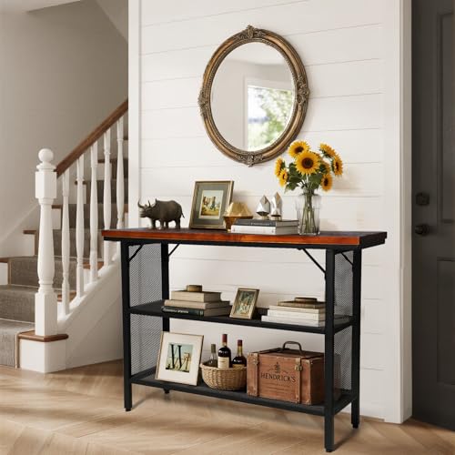 LOKKHAN 47.2 Inch Industrial Console Table with Storage Shelves – Solid Wood Top for Sturdiness, Black Metal Frame with Mesh Design for Airy Look | Perfect for Entryway, Living Room, Hallway