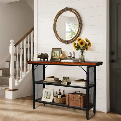LOKKHAN 47.2 Inch Industrial Console Table with Storage Shelves – Solid Wood Top for Sturdiness, Black Metal Frame with Mesh Design for Airy Look | Perfect for Entryway, Living Room, Hallway