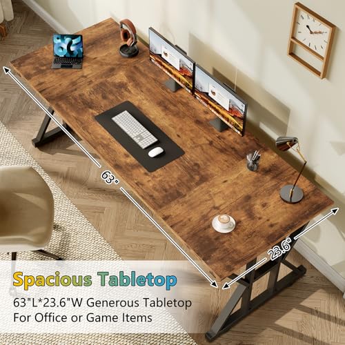 TVU 63-Inch Executive Desk, Large Office Desk with Thicken Frame, Computer Desk Modern Simple Desk for Home Office, Rustic Brown - color: Rustic Brown, size: 63inch