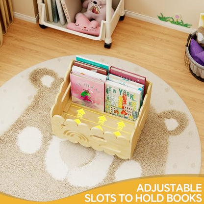Wood Kids Bookshelf, Montessori Bookshelf, with 2 Adjustable Dividers, 4 Wheels Suitable Kids Rooms, Nursery & Classroom, Book Shelf for Kids Rooms, Toddler Book Rack, Nursery Book Shelves - color: Wood Color(rolling)