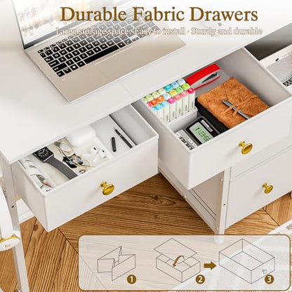 3IngSeagulls Small Computer Desk with 4 Fabric Drawers, Simple Writing Desk for Home Office, Compact Study Desks for Small Spaces, Kids Desk Study for Bedroom, White - color: White
