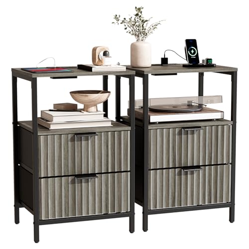Bonnlo Fluted Nightstand Set of 2, Fabric Dresser with 2 Drawers and 1 Shelf, Bedside Table/End Table with Charging Station, Nightstand for Bedroom, Livingroom, College Dorm, Grey - color: Grey, size: 2 Drawer