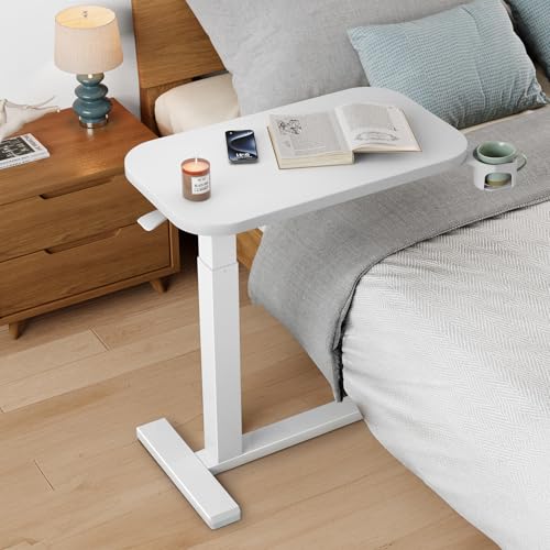 HUANUO 28Inch Bedside Table with Wheels, Height-Adjustable Rolling Computer Cart, Overbed Table with Cup Holder, Pneumatic Laptop Standing Desk for Home Office, White - color: White, size: Small-28 Inch