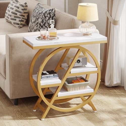 Tribesigns End Table for Living Room, 3-Tier Faux Marble Side Table with Storage, Wood Narrow Sofa Side Table with Geometric Metal Frame, Modern Nightstand and Bedside Table for Bedroom, Gold & White - color: White & Gold
