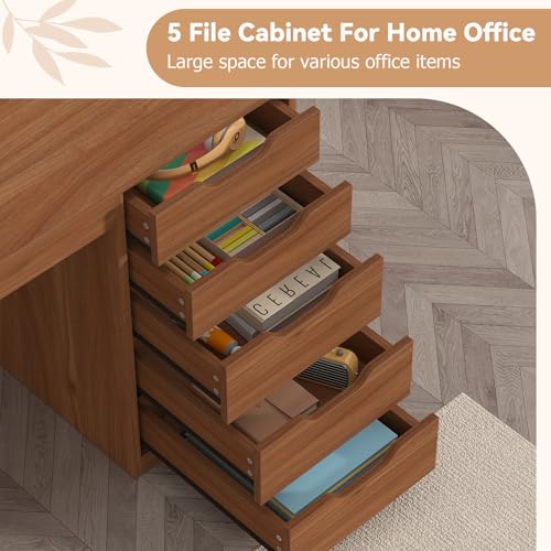 YOMILUVE 47 Inch Computer Desk with 5 Drawers and Power Outlets, Home Office Desks with Storage File Cabinet, Modern Simple Laptop Desk Writing Table for Small Spaces, Brown - color: Brown