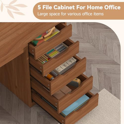 YOMILUVE 47 Inch Computer Desk with 5 Drawers and Power Outlets, Home Office Desks with Storage File Cabinet, Modern Simple Laptop Desk Writing Table for Small Spaces, Brown - color: Brown