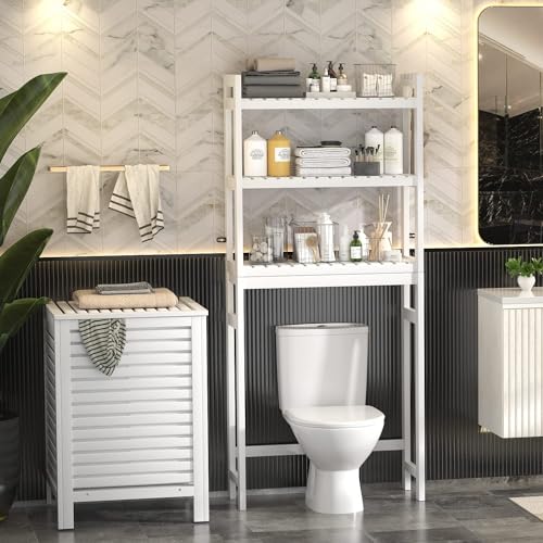 Homykic Over The Toilet Storage, Bamboo Over Toilet Bathroom Organizer Rack, Freestanding Bathroom Shelves Above Toilet Storage with 3 Hooks, Bathroom Space Saver, No Rust, Easy to Assemble, White - color: White