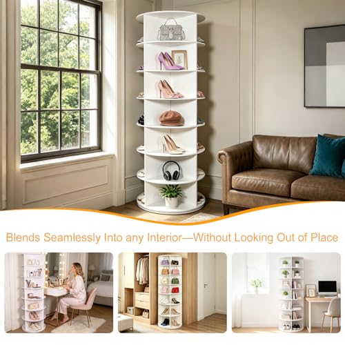 7 Tier Rotating Shoe Rack Tower, Large Storage Organizer for 28-Pair Shoes, Space-Saving Free Standing Shoe Racks for Display Handbags Hats Decor - White