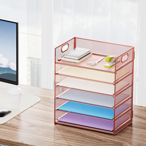 Marbrasse 2 Pack Desk Organizer with Handle, 6 Tier Paper Letter Tray, Mesh Desk File Organizer for Office, School and Home - Rose Gold - color: Rose Gold - 2p