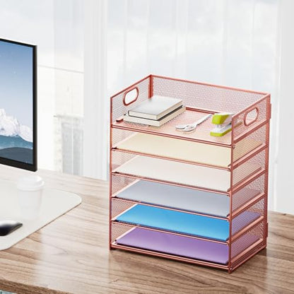Marbrasse 2 Pack Desk Organizer with Handle, 6 Tier Paper Letter Tray, Mesh Desk File Organizer for Office, School and Home - Rose Gold - color: Rose Gold - 2p