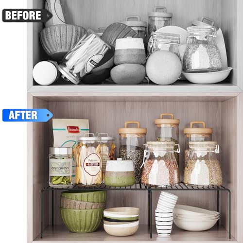 2Pack Expandable Storage Shelf, 13.5"~23" L x 9.4" W x 5.5" H, Black | Adjustable Rustproof Metal Wire Spice Rack, Space Saver Kitchen Storage Shelves for Pan, Pot, Countertop, Drawer, Fridge - size: 2Pack-Black-13.5-23 x 10 inch