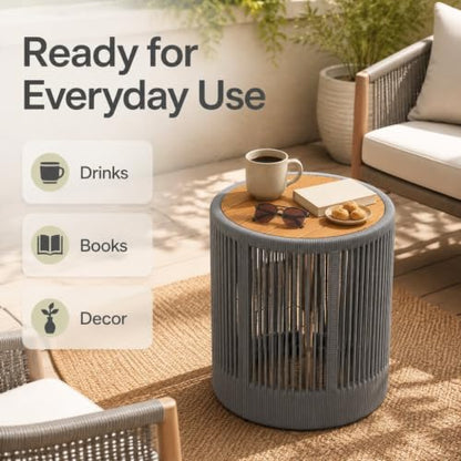 IRONORA Grey Hand-Woven PE Rattan Round Patio Side Table, Solid Acacia Wood Top Hollow Drum Accent End Table, Weather Resistant Coastal Side Table for Backyard Balcony Sunroom Living Room - color: 15-inches Gery